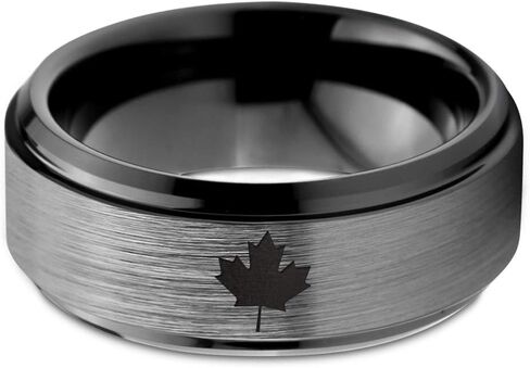 Canadian Maple Leaf Ring - Tungsten Band 8mm - Men - Women - 18k Rose Gold Step Bevel Edge - Yellow - Grey - Blue - Black - Brushed - Polished - Wedding - Gift Dome Flat in Saudi Arabia