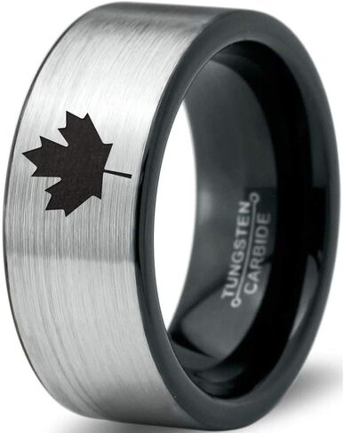 Canadian Maple Leaf Ring - Tungsten Band 8mm - Men - Women - 18k Rose Gold Step Bevel Edge - Yellow - Grey - Blue - Black - Brushed - Polished - Wedding - Gift Dome Flat in Saudi Arabia