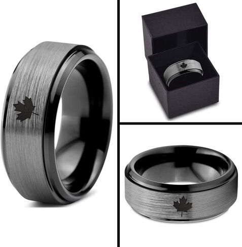 Canadian Maple Leaf Ring - Tungsten Band 8mm - Men - Women - 18k Rose Gold Step Bevel Edge - Yellow - Grey - Blue - Black - Brushed - Polished - Wedding - Gift Dome Flat in Saudi Arabia