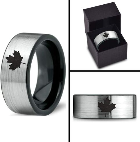 Canadian Maple Leaf Ring - Tungsten Band 8mm - Men - Women - 18k Rose Gold Step Bevel Edge - Yellow - Grey - Blue - Black - Brushed - Polished - Wedding - Gift Dome Flat in Saudi Arabia