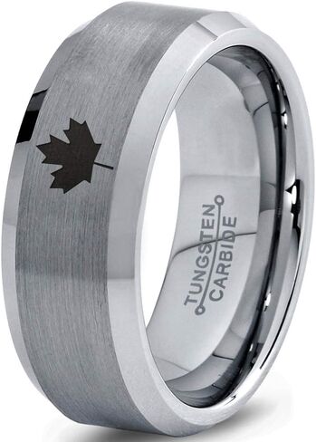 Canadian Maple Leaf Ring - Tungsten Band 8mm - Men - Women - 18k Rose Gold Step Bevel Edge - Yellow - Grey - Blue - Black - Brushed - Polished - Wedding - Gift Dome Flat in Saudi Arabia