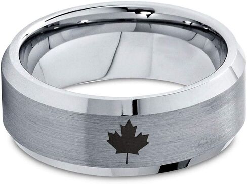 Canadian Maple Leaf Ring - Tungsten Band 8mm - Men - Women - 18k Rose Gold Step Bevel Edge - Yellow - Grey - Blue - Black - Brushed - Polished - Wedding - Gift Dome Flat in Saudi Arabia