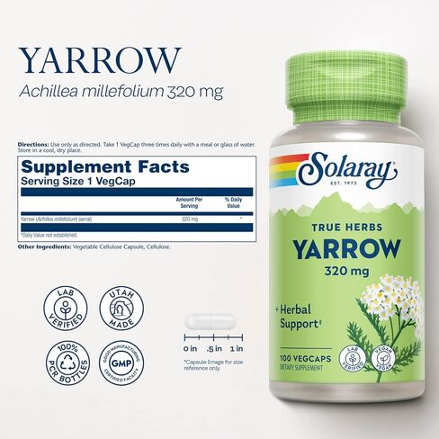 Solaray Yarrow 320 mg ، كامل ، شهية ، شهية العشبية ودعم الراحة المعوية ، ودعم مختبر ، ضمان استرداد مدته 60 يومًا ، 100 حصص ، 100 VEGCAPS in Kuwait