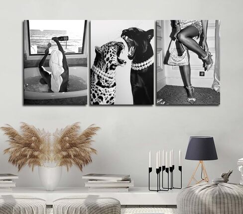 3pcs Bathroom Fashion Leopard Print Canvas Wall Art Black Trendy Women Decor Prints Black and White Photography Feminism Posters Art Paintings for Bedroom Living Room Hallway 12×16 Inch in Saudi Arabia