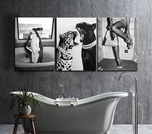3pcs Bathroom Fashion Leopard Print Canvas Wall Art Black Trendy Women Decor Prints Black and White Photography Feminism Posters Art Paintings for Bedroom Living Room Hallway 12×16 Inch in Saudi Arabia