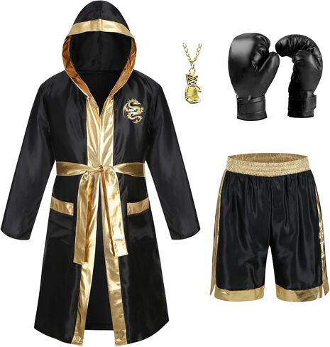 yolsun Men Boxing Costume, Adult Boxer Costume with Satin Boxer Hooded Robe and Shorts Boxing Gloves Set Halloween in Saudi Arabia