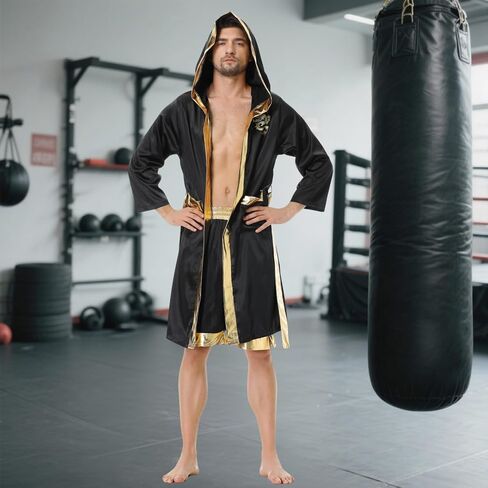 yolsun Men Boxing Costume, Adult Boxer Costume with Satin Boxer Hooded Robe and Shorts Boxing Gloves Set Halloween in Saudi Arabia