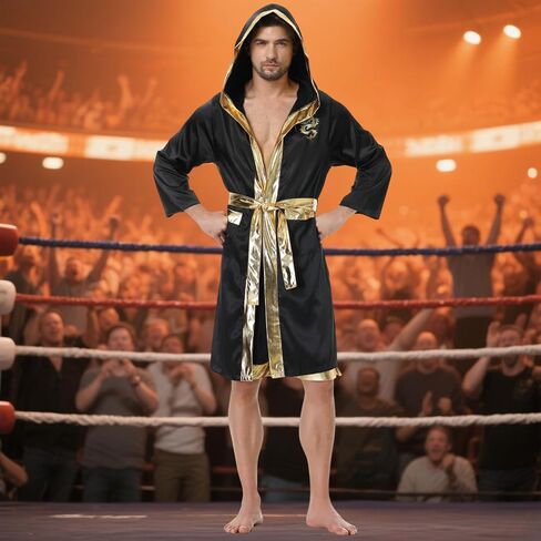 yolsun Men Boxing Costume, Adult Boxer Costume with Satin Boxer Hooded Robe and Shorts Boxing Gloves Set Halloween in Saudi Arabia