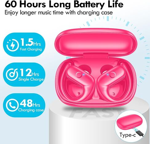 kurdene Wireless Earbuds Bluetooth Headphones Sport,Over Ear Buds with Deep Bass Sound,60Hrs Playtime Earphones Redesigned Comfort Fit with Earhooks for Running,Meeting,Workout-Purple in Saudi Arabia
