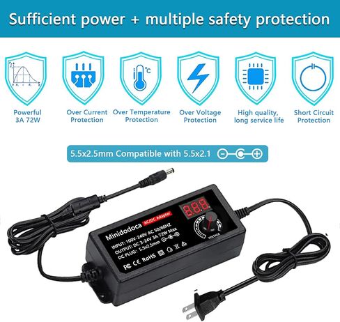 120W Power Supply Adjustable DC 3V ~ 24V Variable Universal Switching AC/DC Adapter Minidodoca AC to DC Converter with LED Voltage Display and 16 Tips, for 3V to 24V Household Electronics - 5000mA Max in Kuwait