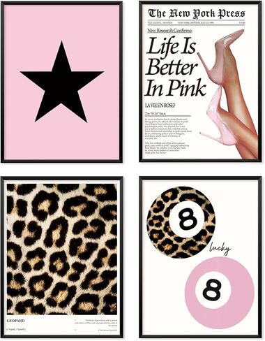 Locomiss Trendy Pink Leopard Wall Art Posters ، ديكور غرفة طباعة الفهد ، فارس الرجعية ، Print Print Lucky 8 ملصقات الكرة للبنات غرفة كوليدج ، مجموعة من 4 (12x16 دون إطار) in Kuwait
