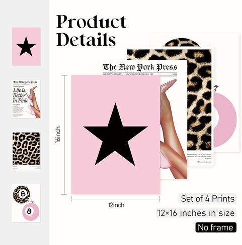 Locomiss Trendy Pink Leopard Wall Art Posters ، ديكور غرفة طباعة الفهد ، فارس الرجعية ، Print Print Lucky 8 ملصقات الكرة للبنات غرفة كوليدج ، مجموعة من 4 (12x16 دون إطار) in Kuwait