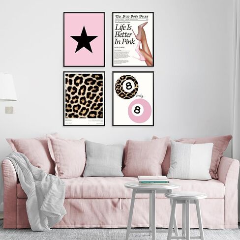 Locomiss Trendy Pink Leopard Wall Art Posters ، ديكور غرفة طباعة الفهد ، فارس الرجعية ، Print Print Lucky 8 ملصقات الكرة للبنات غرفة كوليدج ، مجموعة من 4 (12x16 دون إطار) in Kuwait