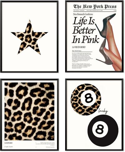 Locomiss Trendy Pink Leopard Wall Art Posters, Leopard Print Room Decor, Funky Retro Cheetah Print Lucky 8 Ball Posters for Girls Room College Dorm Decor, Set of 4 (12x16 Unframed) in Saudi Arabia