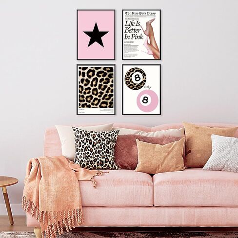 Locomiss Trendy Pink Leopard Wall Art Posters ، ديكور غرفة طباعة الفهد ، فارس الرجعية ، Print Print Lucky 8 ملصقات الكرة للبنات غرفة كوليدج ، مجموعة من 4 (12x16 دون إطار) in Kuwait