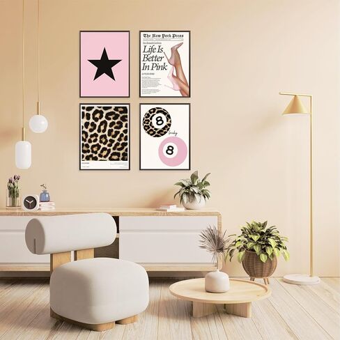 Locomiss Trendy Pink Leopard Wall Art Posters ، ديكور غرفة طباعة الفهد ، فارس الرجعية ، Print Print Lucky 8 ملصقات الكرة للبنات غرفة كوليدج ، مجموعة من 4 (12x16 دون إطار) in Kuwait