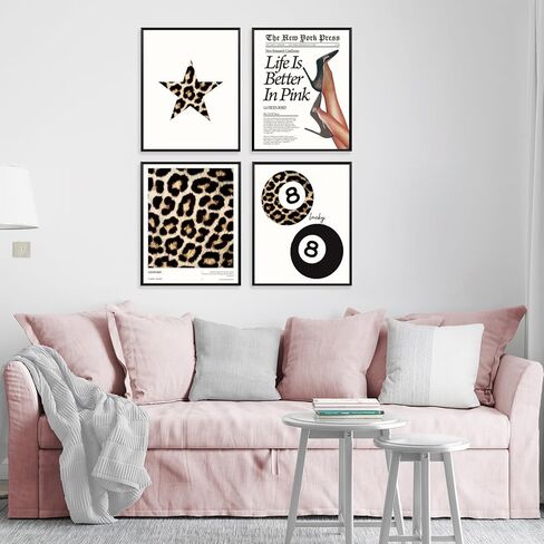 Locomiss Trendy Pink Leopard Wall Art Posters, Leopard Print Room Decor, Funky Retro Cheetah Print Lucky 8 Ball Posters for Girls Room College Dorm Decor, Set of 4 (12x16 Unframed) in Saudi Arabia