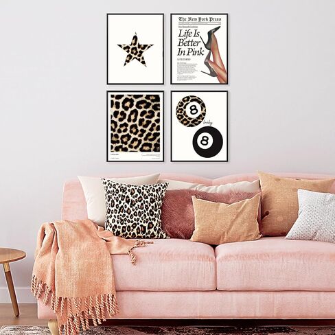 Locomiss Trendy Pink Leopard Wall Art Posters, Leopard Print Room Decor, Funky Retro Cheetah Print Lucky 8 Ball Posters for Girls Room College Dorm Decor, Set of 4 (12x16 Unframed) in Saudi Arabia