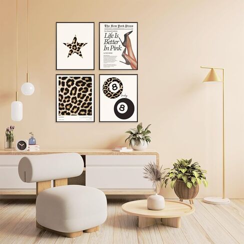 Locomiss Trendy Pink Leopard Wall Art Posters, Leopard Print Room Decor, Funky Retro Cheetah Print Lucky 8 Ball Posters for Girls Room College Dorm Decor, Set of 4 (12x16 Unframed) in Saudi Arabia