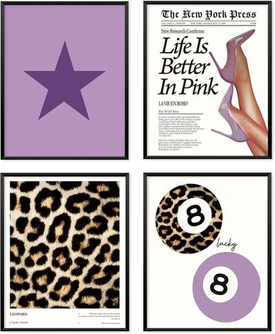 Locomiss Trendy Pink Leopard Wall Art Posters ، ديكور غرفة طباعة الفهد ، فارس الرجعية ، Print Print Lucky 8 ملصقات الكرة للبنات غرفة كوليدج ، مجموعة من 4 (12x16 دون إطار) in Kuwait