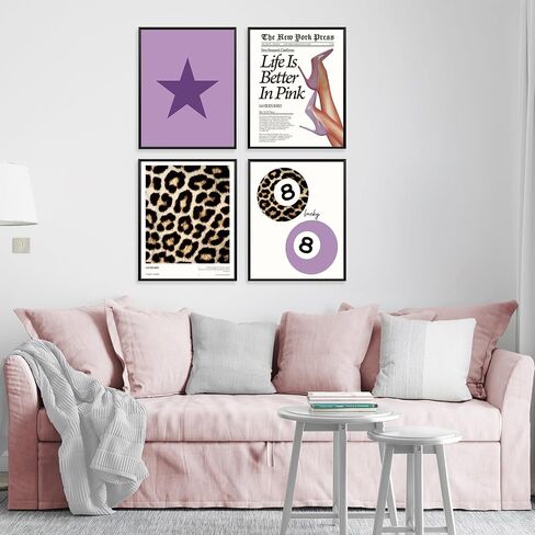 Locomiss Trendy Pink Leopard Wall Art Posters ، ديكور غرفة طباعة الفهد ، فارس الرجعية ، Print Print Lucky 8 ملصقات الكرة للبنات غرفة كوليدج ، مجموعة من 4 (12x16 دون إطار) in Kuwait