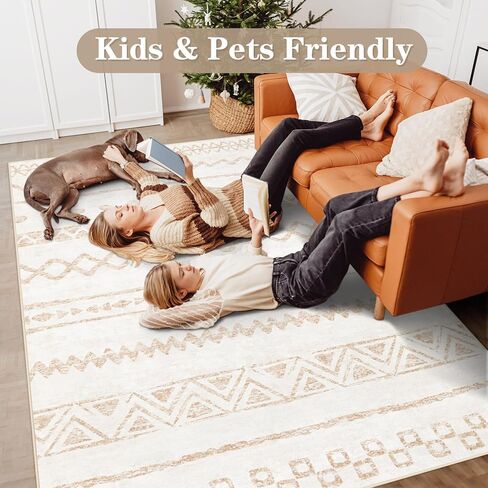 5x7 Area Rugs for Living Room: Washable Large Rug Modern Geometric Rugs Soft Non-Slip Indoor Floor Carpet Moroccan Farmhouse Rug for Bedroom Dining Room Nursery Offices (Beige, 5'x7') in Kuwait