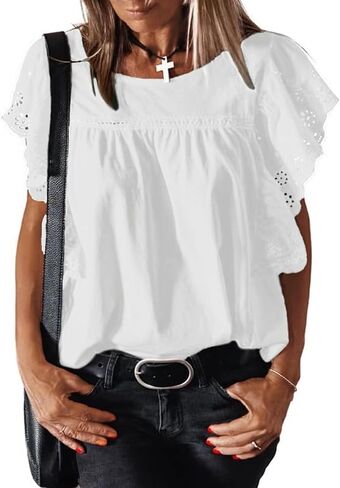 Womens Tops Fashion Blouses For Women Dressy Casual Crochet Shirts Summer 2024 Trendy Crewneck Tunic Bell Sleeves in Saudi Arabia