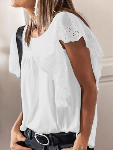 Womens Tops Fashion Blouses For Women Dressy Casual Crochet Shirts Summer 2024 Trendy Crewneck Tunic Bell Sleeves in Saudi Arabia