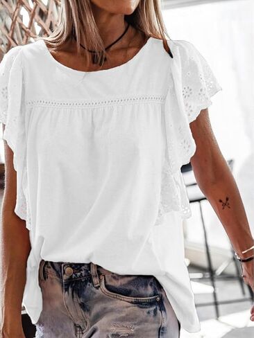 Womens Tops Fashion Blouses For Women Dressy Casual Crochet Shirts Summer 2024 Trendy Crewneck Tunic Bell Sleeves in Saudi Arabia