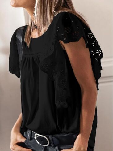 Womens Tops Fashion Blouses For Women Dressy Casual Crochet Shirts Summer 2024 Trendy Crewneck Tunic Bell Sleeves in Kuwait