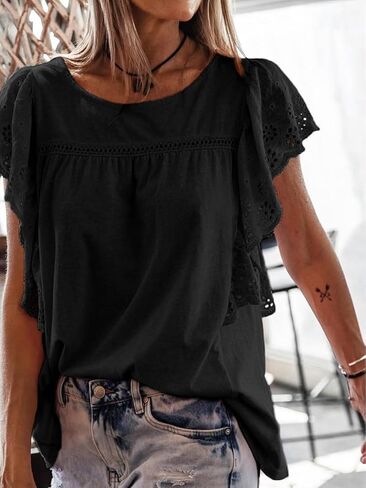 Womens Tops Fashion Blouses For Women Dressy Casual Crochet Shirts Summer 2024 Trendy Crewneck Tunic Bell Sleeves in Kuwait