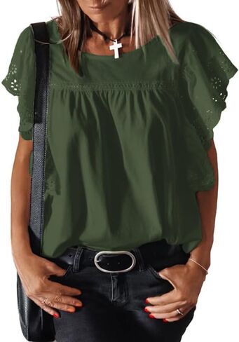 Womens Tops Fashion Blouses For Women Dressy Casual Crochet Shirts Summer 2024 Trendy Crewneck Tunic Bell Sleeves in Saudi Arabia