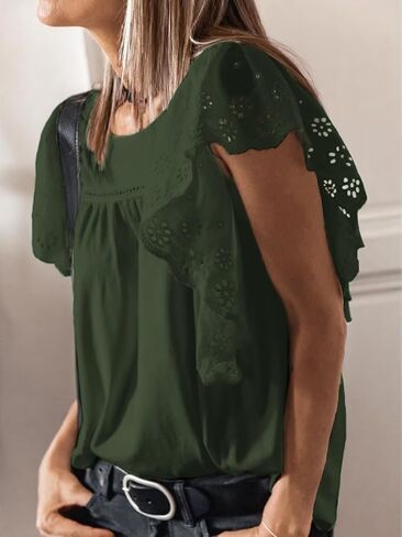 Womens Tops Fashion Blouses For Women Dressy Casual Crochet Shirts Summer 2024 Trendy Crewneck Tunic Bell Sleeves in Saudi Arabia