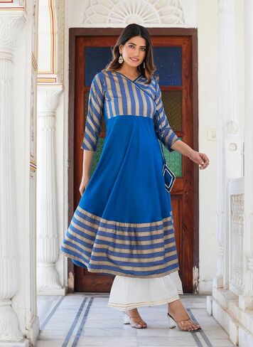 Yash Gallery Women's Plus Rayon Stripe Print Anarkali Kurta للصيف in Kuwait