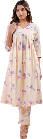مجموعة Kurta Kurti للسيدات الهندية للنساء للنساء القطن النقي A-line Cream Floral عجل العجل العادي الطول Kurta Kurti in Saudi Arabia