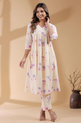 مجموعة Kurta Kurti للسيدات الهندية للنساء للنساء القطن النقي A-line Cream Floral عجل العجل العادي الطول Kurta Kurti in Saudi Arabia
