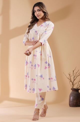 مجموعة Kurta Kurti للسيدات الهندية للنساء للنساء القطن النقي A-line Cream Floral عجل العجل العادي الطول Kurta Kurti in Saudi Arabia