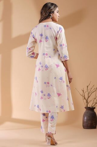 مجموعة Kurta Kurti للسيدات الهندية للنساء للنساء القطن النقي A-line Cream Floral عجل العجل العادي الطول Kurta Kurti in Saudi Arabia