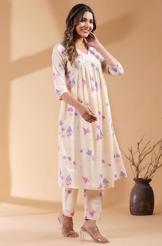 مجموعة Kurta Kurti للسيدات الهندية للنساء للنساء القطن النقي A-line Cream Floral عجل العجل العادي الطول Kurta Kurti in Saudi Arabia
