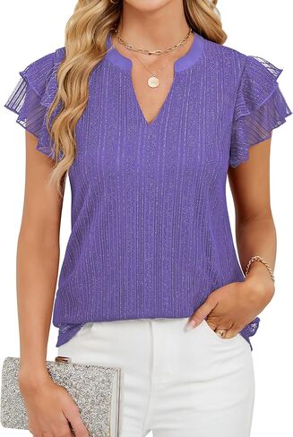 Women's Summer Puff Short Sleeve V Neck Dressy Blouses Shirts Double Layers Casual Loose Fit Mesh Flowy Tunic Tops in Kuwait