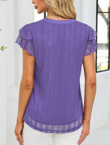 Women's Summer Puff Short Sleeve V Neck Dressy Blouses Shirts Double Layers Casual Loose Fit Mesh Flowy Tunic Tops in Kuwait
