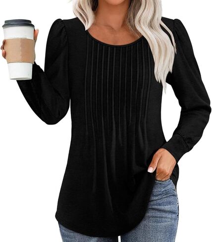 Womens Long Sleeve Blouse Fall Dressy Casual Pleated Crew Neck Shirts Floral Bohemian Tunic Tops in Kuwait