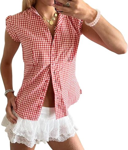 النساء القصير غطاء القميص القمصل القماش القطني الصيفي زر غير رسمي لأسفل منتفخ أعلى y2k بلوزة الشارع الشارع in Kuwait