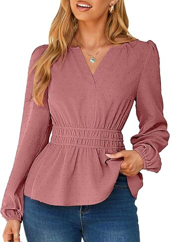 Simplee Womens Blouses Long Sleeve Peplum Boho Tops Fall Dressy Casual V Neck Swiss Dot Babydoll Tops Fashion Shirts in Saudi Arabia