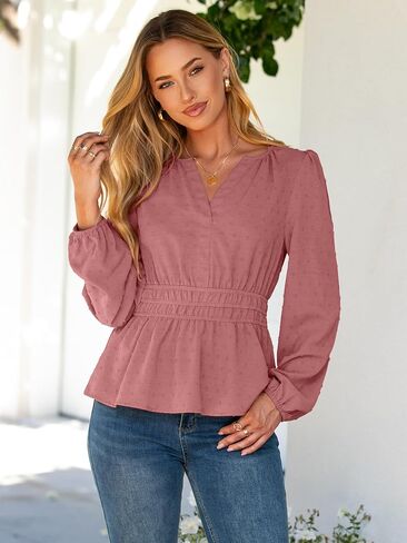 Simplee Womens Blouses Long Sleeve Peplum Boho Tops Fall Dressy Casual V Neck Swiss Dot Babydoll Tops Fashion Shirts in Saudi Arabia