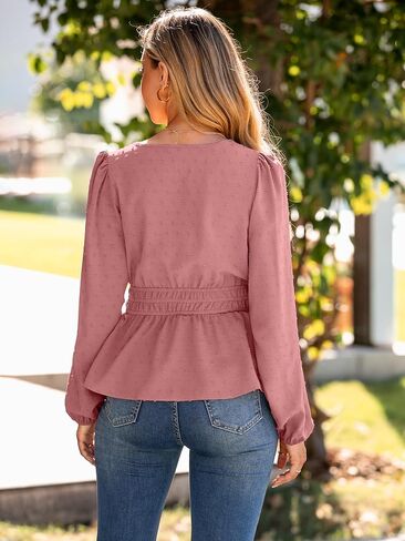 Simplee Womens Blouses Long Sleeve Peplum Boho Tops Fall Dressy Casual V Neck Swiss Dot Babydoll Tops Fashion Shirts in Saudi Arabia