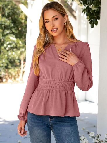 Simplee Womens Blouses Long Sleeve Peplum Boho Tops Fall Dressy Casual V Neck Swiss Dot Babydoll Tops Fashion Shirts in Saudi Arabia
