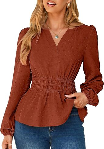 Simplee Womens Blouses Long Sleeve Peplum Boho Tops Fall Dressy Casual V Neck Swiss Dot Babydoll Tops Fashion Shirts in Saudi Arabia