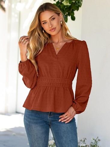 Simplee Womens Blouses Long Sleeve Peplum Boho Tops Fall Dressy Casual V Neck Swiss Dot Babydoll Tops Fashion Shirts in Saudi Arabia