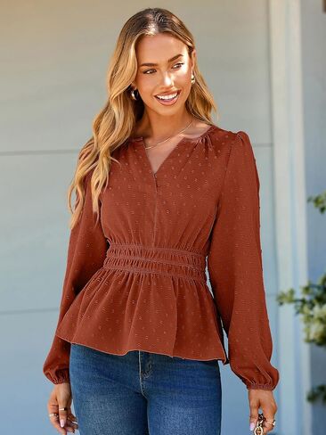 Simplee Womens Blouses Long Sleeve Peplum Boho Tops Fall Dressy Casual V Neck Swiss Dot Babydoll Tops Fashion Shirts in Saudi Arabia